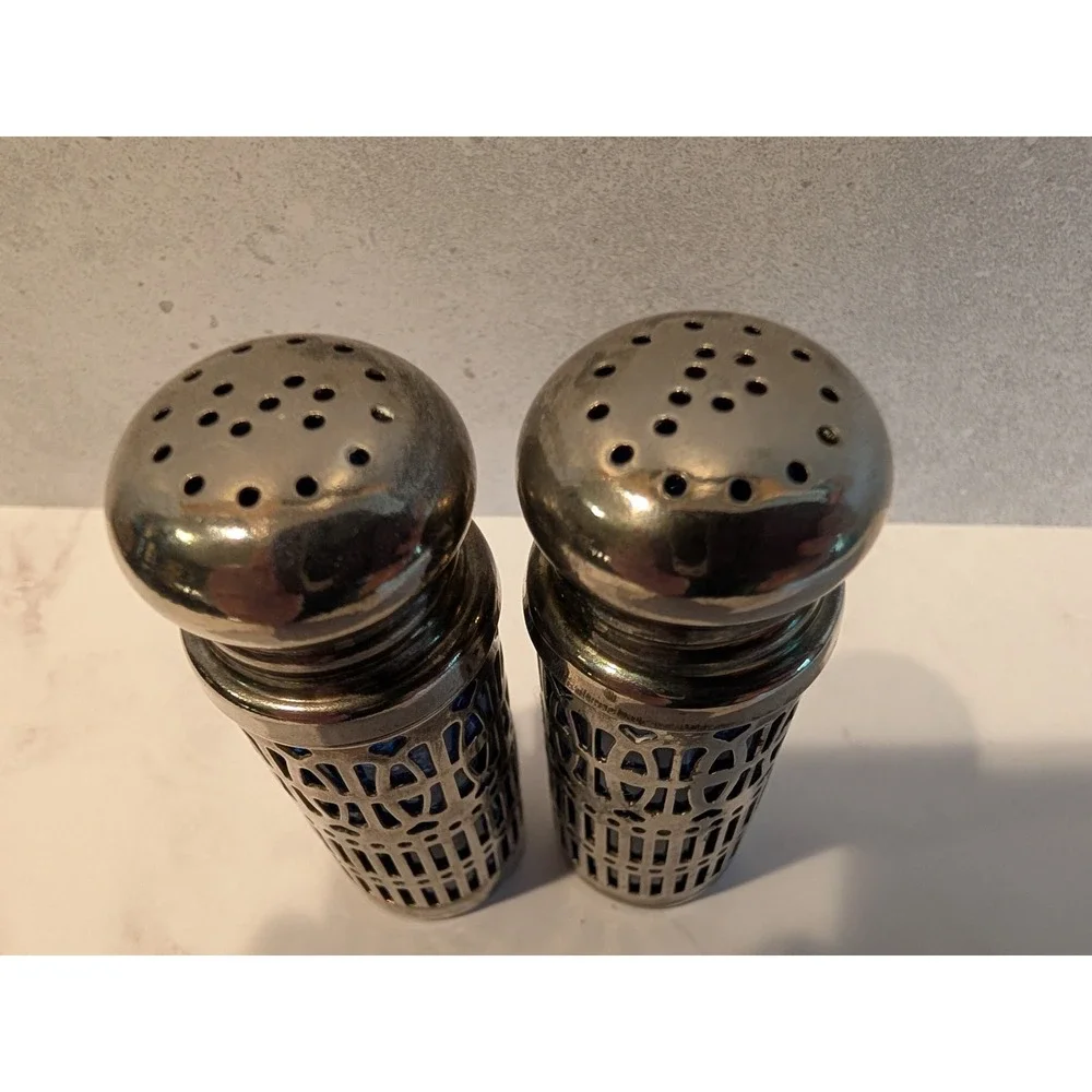 Vintage Cobalt Blue Glass Silver Plated Filigree Salt & Pepper Shakers Hong Kong
